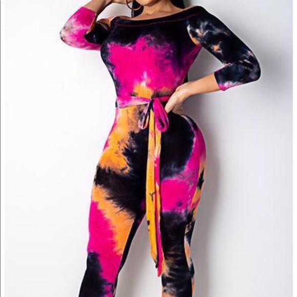 Boat neck tie dye jumpsuit with belt spandex - Picture 3 of 3